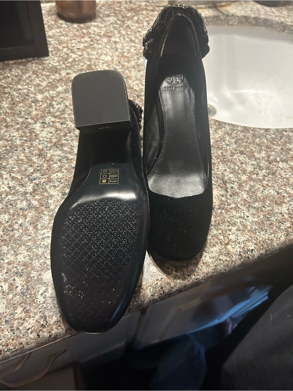 Tory Burch Black Velvet Heels with Crystal Bows - Picture 4 of 12